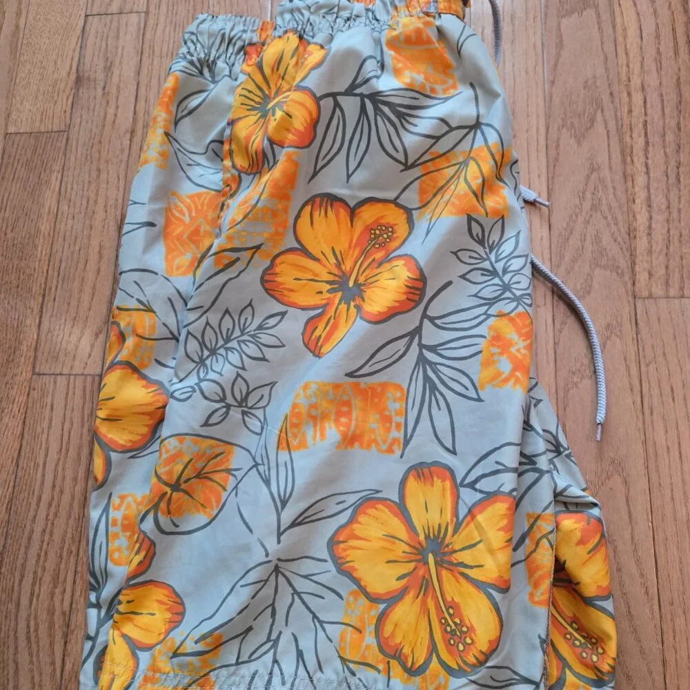 Men's Floral Swim Trunks - Orange Floral on Light Gray